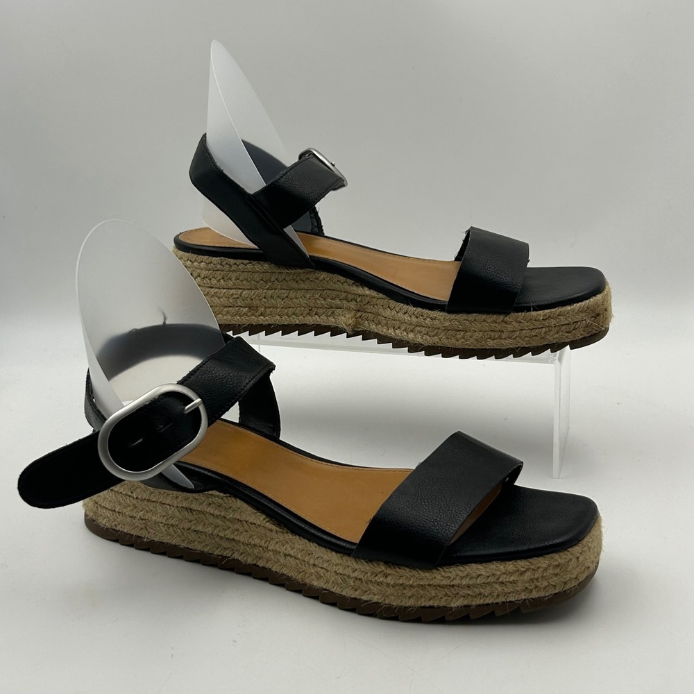 A.N.A Espadrille Wedge Sandals Womens 9.5 Black Platform Buckle Boho Summer
